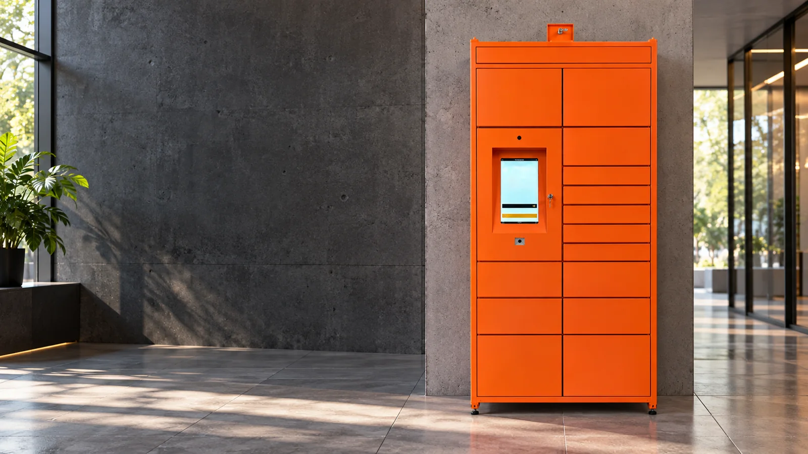Orange AMAKA metal locker in an illustrative commercial setting